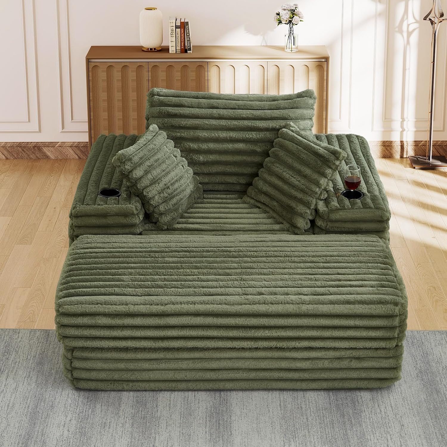 5-In-1 Oversized Chaise Lounge Chair Indoor with Ottoman,54.5'W Faux Fur Convertible Folding Sleeper Sofa Bed with Cup Holder&Side Pocket,Comfy Boneless Couch Sofa Chair for Living Room,Bedroom(Green)