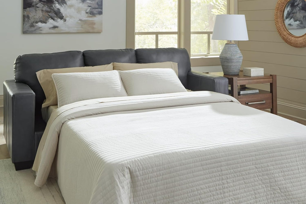 Signature Design by Ashley Bolsena Contemporary Leather Match Sofa Sleeper with Loose Seat Cushions and Bi-Fold Memory Foam Mattress, Queen, Gray