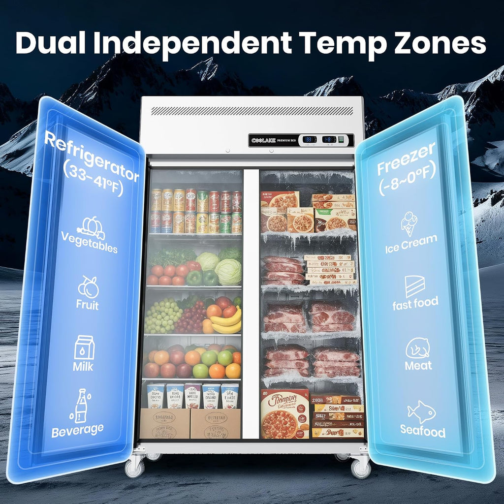 Coolake Commercial Upright Freezer Refrigerator Combo, 48' W Dual Temp Zones, 36 Cu.ft Stainless Steel, 2 Door Reach in Freezer for Restaurant Bar Shop Kitchen Garage School Church