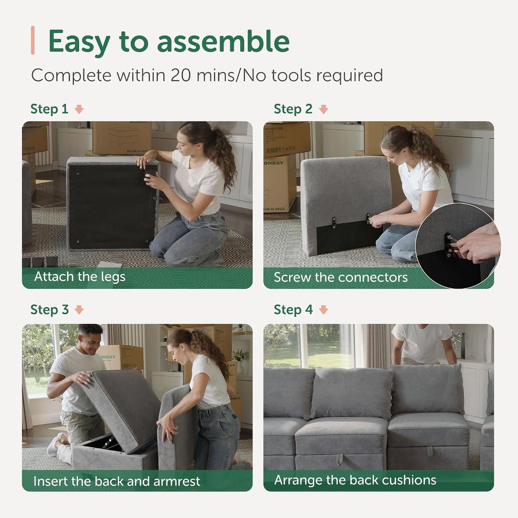 HONBAY Modular Sectional Sofa U Shaped Sectional Modular Sofa with Storage Convertible Sectional Couch for Living Room, Grey