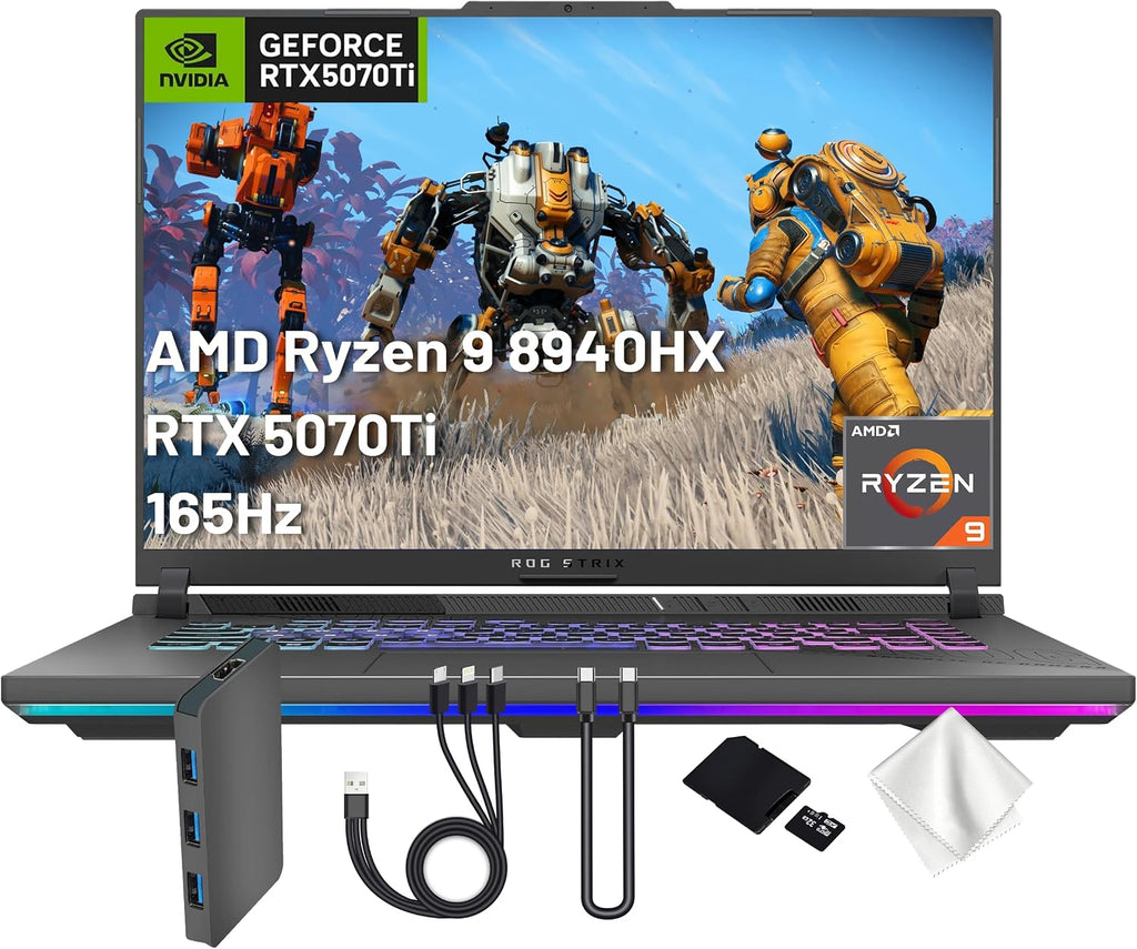 ASUS ROG Strix G16 16' WUXGA 165Hz Gaming Laptop, NVIDIA GeForce RTX 5070 Ti 12GB GDDR7, AMD Ryzen 9 8940HX, 64GB DDR5, 2TB SSD, Backlit Keyboard, Win 11 Pro, Gray, 1TB Docking Station Set