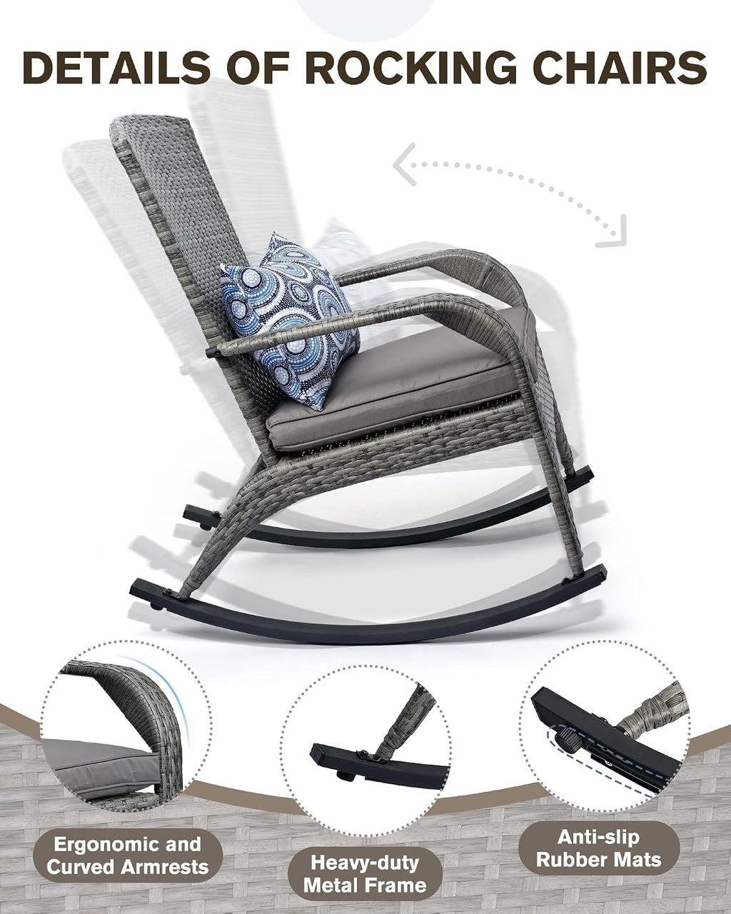 Outdoor Rocking Chairs Set of 2, Patio Rocker Chairs with Cushions & Steel Frame, All Weather Porch Rocking Chairs for Garden, Backyard, Poolside (Grey Rattan & Grey Cushion & Circle Pillow)