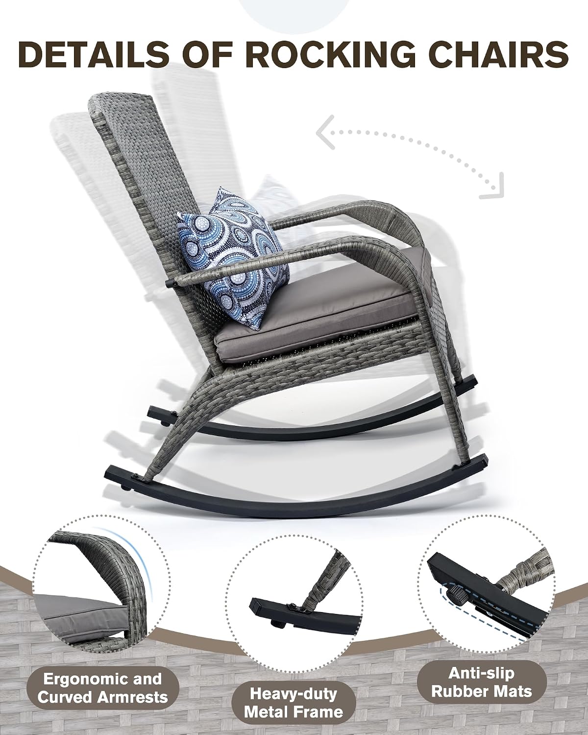 Outdoor Rocking Chairs Set of 2, Patio Rocker Chairs with Cushions & Steel Frame, All Weather Porch Rocking Chairs for Garden, Backyard, Poolside (Grey Rattan & Grey Cushion & Circle Pillow)