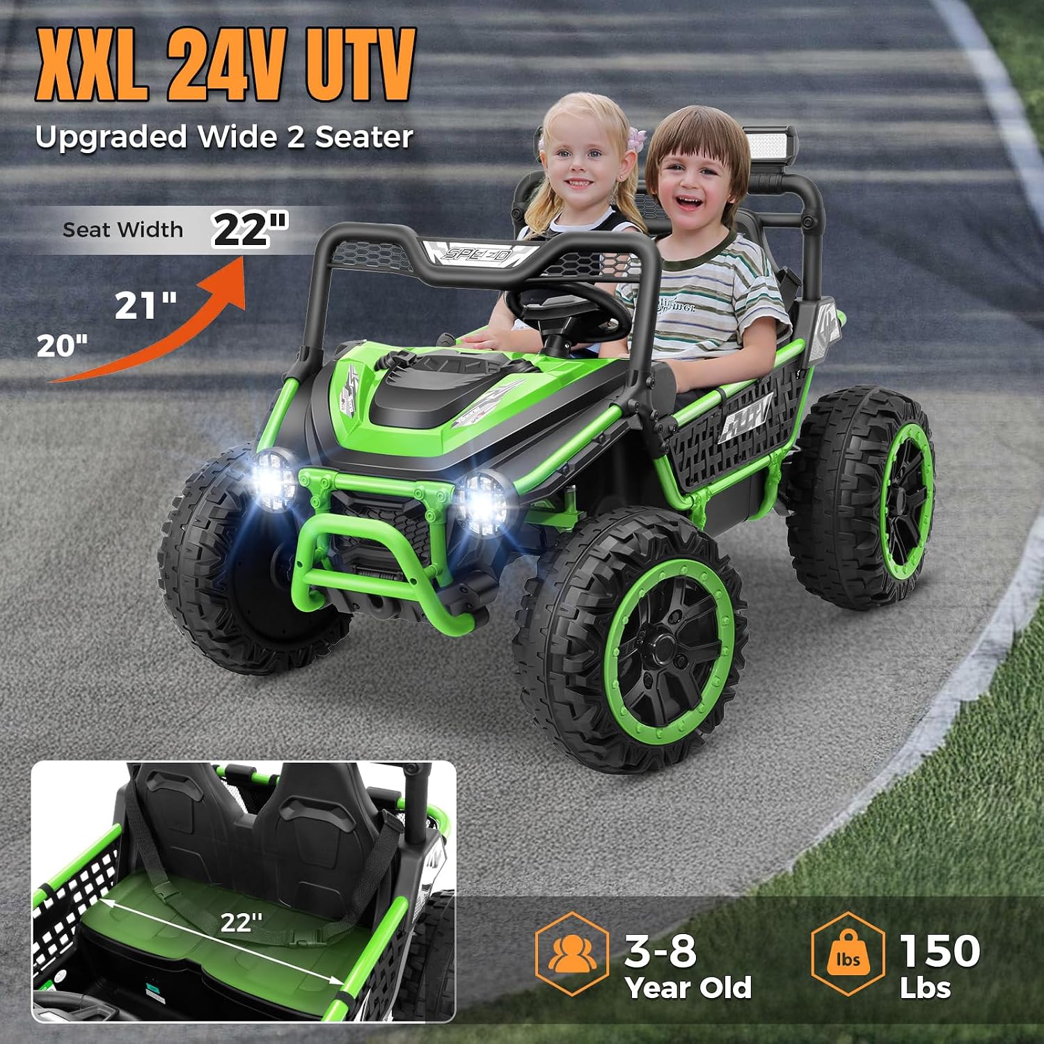 Hikole 24V Ride on Toy Car for Big Kids 4-8, XL Kids UTV 2 Seater with Remote Control, 22' Spacious Seat, MP3 & USB, 3 Speed, Storage, Electric Power Wheels for Boys Girls, Green