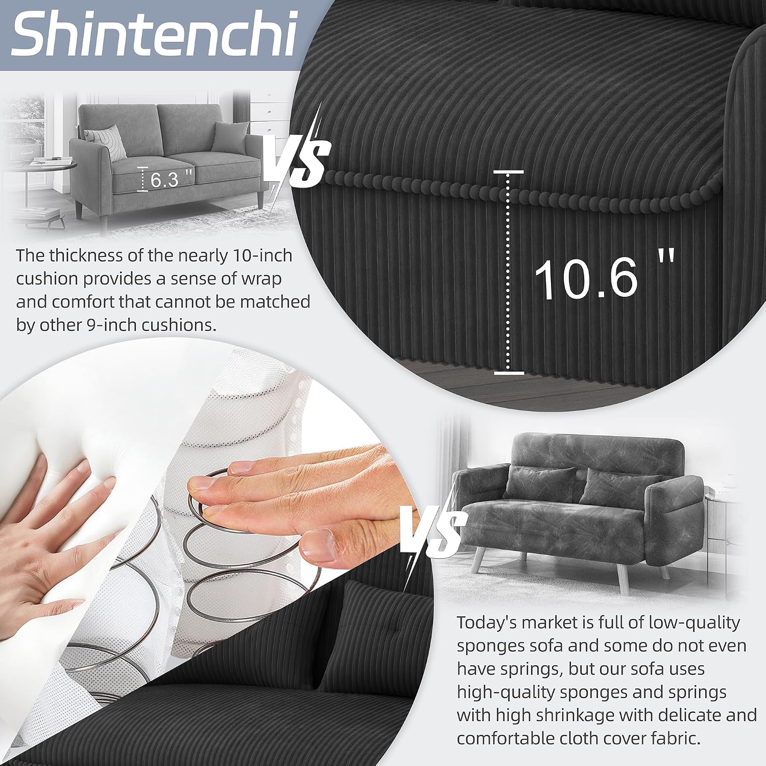 Shintenchi 48'' Loveseat Sofa, Mid-Century Modern Upholstered Couch Deep Seat with 2 Pillows, 10' Thick Cushion with Spring, Solid Wood Frame Small Couch for Living Room, Dorms & Office, Black