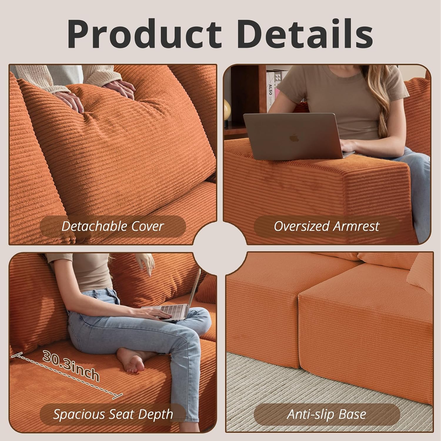 108' L-Shaped Boneless Couch, High Seat Modular Sectional Sofa with Moveable Ottoman, Corduroy Cloud Couches for Living Room, No Assembly, Ship in a Box, Orange