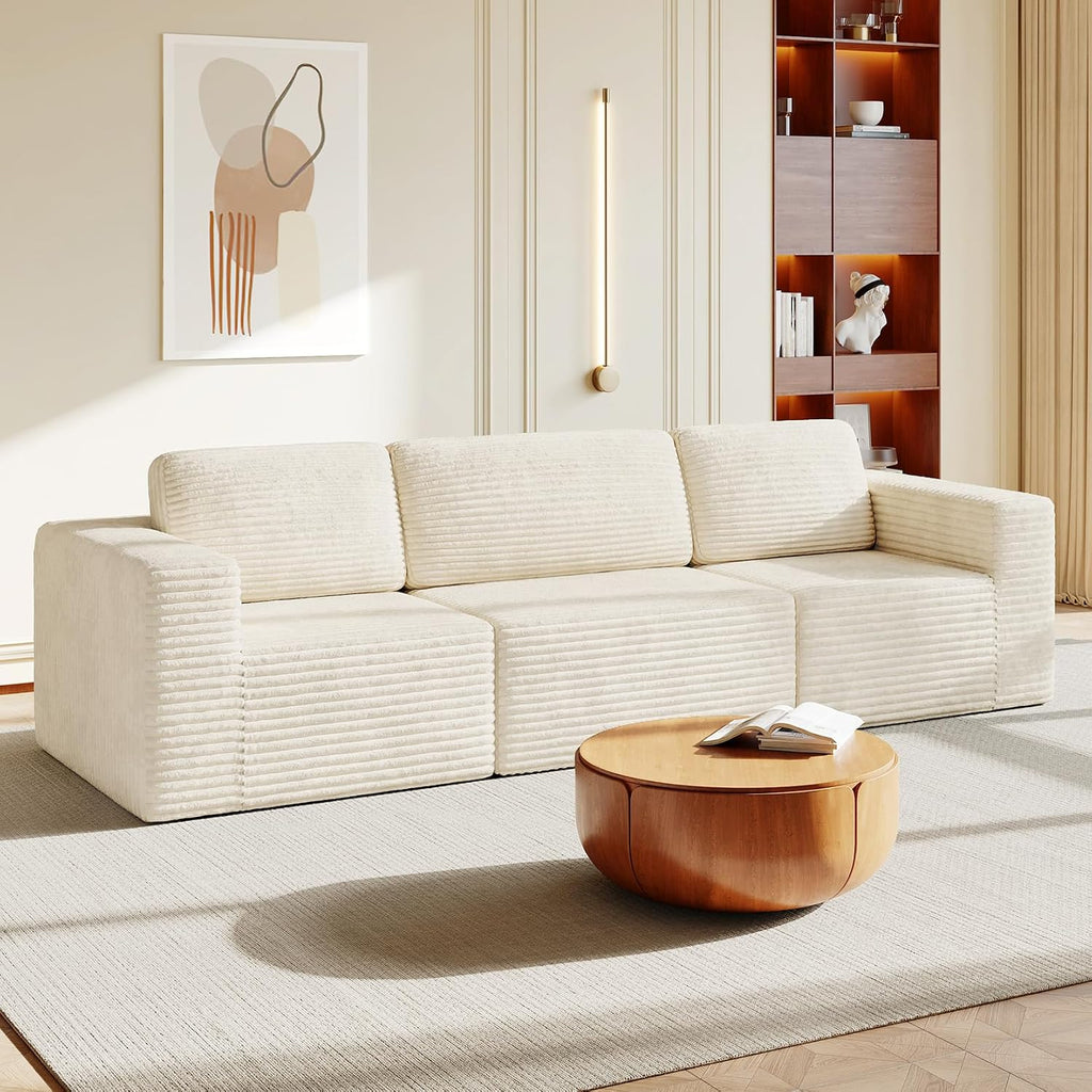 Vesgantti 119' Modular Sectional Sofa, Corduroy Cloud Couch with Deep Seating & Spring Support, 3 Seater Flexible Layout Sofa, Boneless Couch for Living Room & Apartment, No Assembly Required, Beige