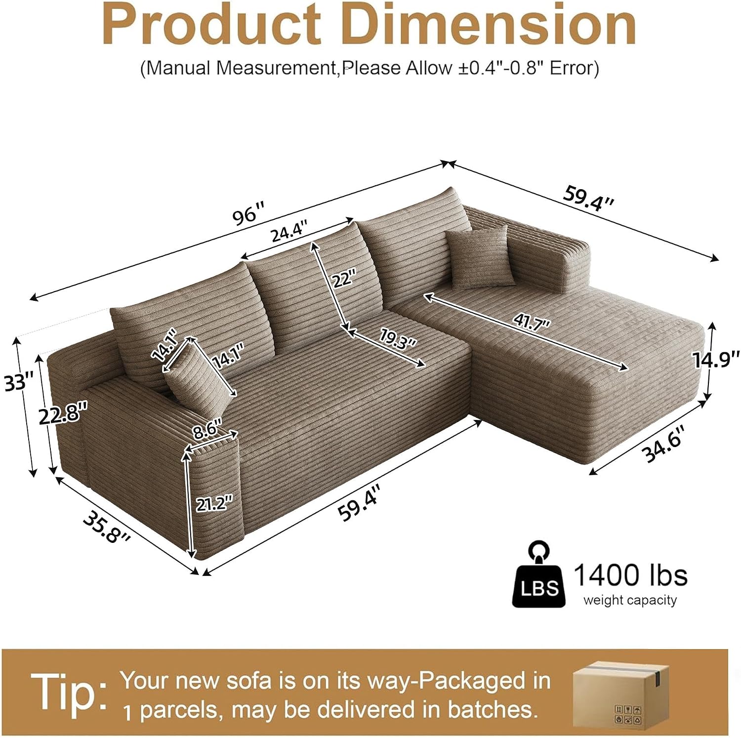 AUGOP 96' Sectional Couches for Living Room Modern Modular Sofa with L-Shape Couchs Upholstered Boneless Couch Deep Seat Sectional Couch with Chaise (Camel, 96' Right Facing Chaise+2Seaters)