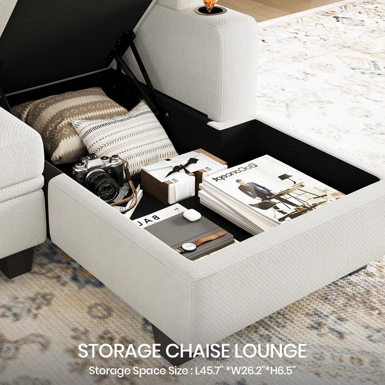 Belffin Sectional Storage Chaise Module for Modular Sectionals. Right-Facing Chaise. Beige.