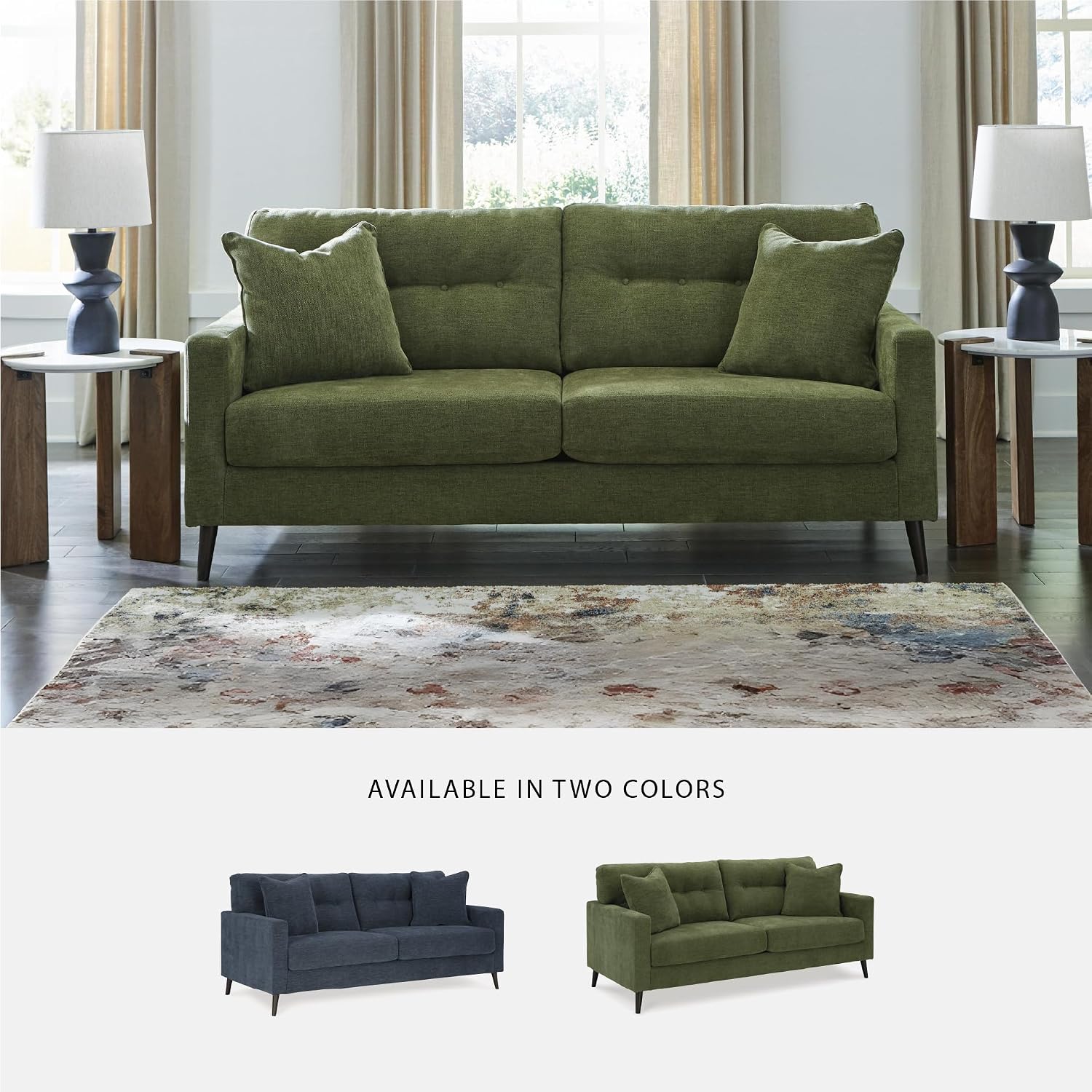Signature Design by Ashley Bixler Sofa, Mid-Century Modern Sofa with Button-Tufted Back, Durable Foam Cushions, Platform Foundation Support, Polyester Blend Upholstery, Olive