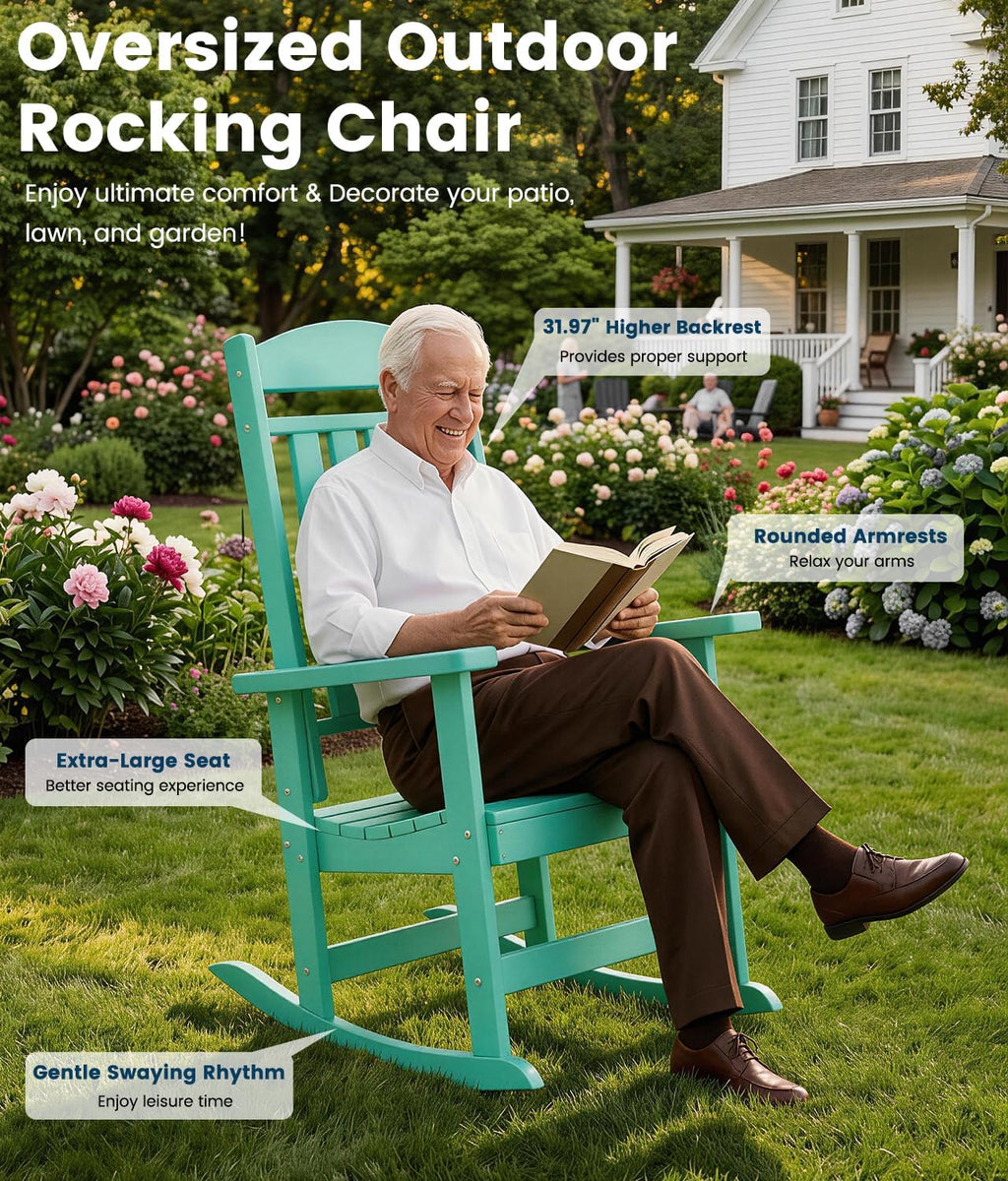 FOOWIN Outdoor Rocking Chair Set of 2, High Back Patio Rocking Chair, HDPE All Weather Resistant Porch Rocker for Adult, Oversized Rocking Chairs for Garden, Lawn, Indoor & Outdoor Use, Lake Blue
