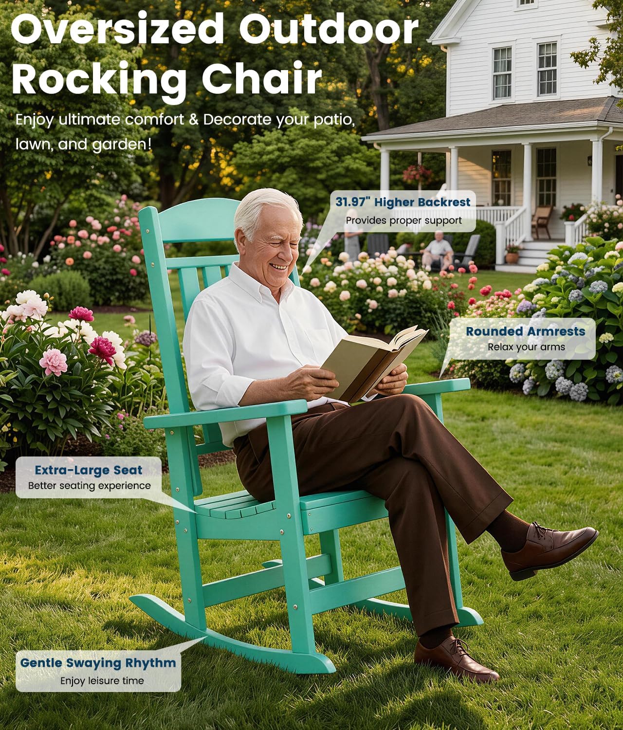 FOOWIN Outdoor Rocking Chair Set of 2, High Back Patio Rocking Chair, HDPE All Weather Resistant Porch Rocker for Adult, Oversized Rocking Chairs for Garden, Lawn, Indoor & Outdoor Use, Lake Blue