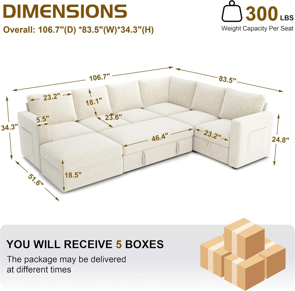 106.7' Sectional Sleeper Sofa with Pull Out Couch, Modern 7 Seat U Shaped Modular Couch, Sectionals Modular Sofa with Storage, Comfy Sectional Couches for Living Room & Apartment, Light Beige