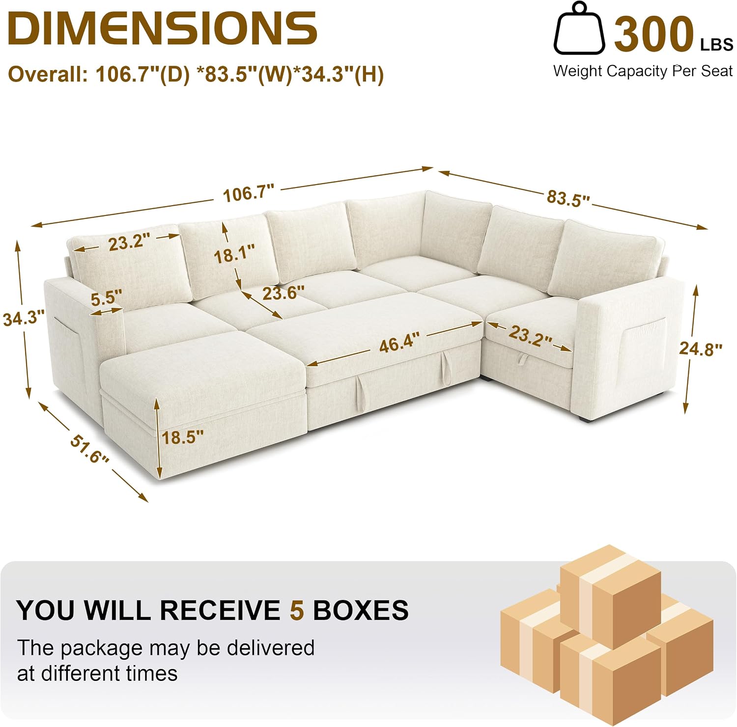 106.7' Sectional Sleeper Sofa with Pull Out Couch, Modern 7 Seat U Shaped Modular Couch, Sectionals Modular Sofa with Storage, Comfy Sectional Couches for Living Room & Apartment, Light Beige