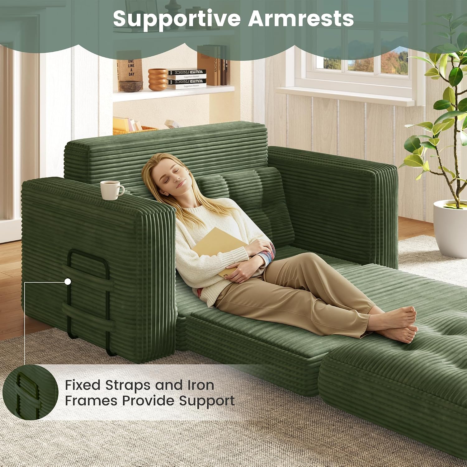 Convertible Sofa Bed, 2 in 1 Boneless Couch Bed with 2 Pillows, Corduroy Pull out Couch Folding Sofa Bed with Deep Seat, Small Loveseat Sleeper Sofa Bed in a Box for Small Spaces, No Assembly, Green