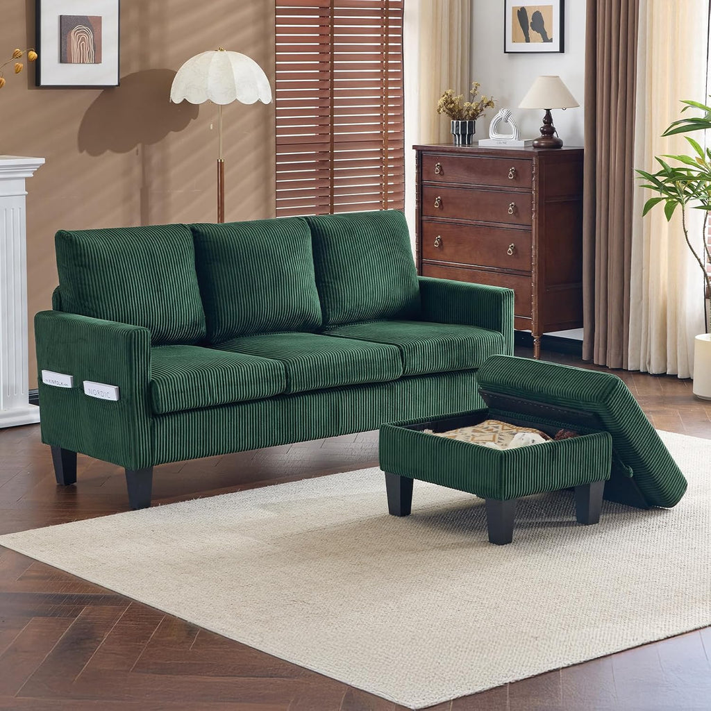 VINGLI 68.5' L Shaped Couch with Movable Storage Ottoman, Convertible Sectional Sofa in Soft Corduroy Fabric, Modern Reversible Chaise Couch for Small Spaces, Apartment, Living Room，Dark Green