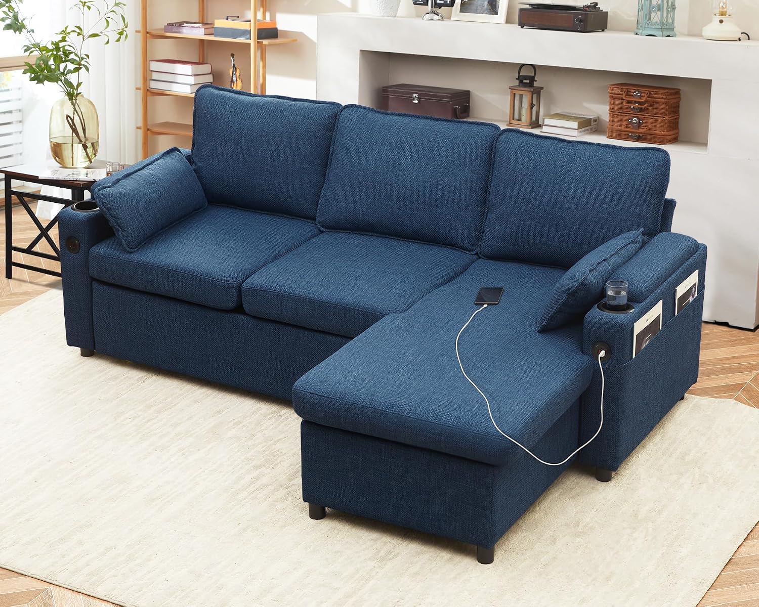 DURASPACE Sofa Bed Sleeper Pull Out 2 in 1 Sectional Sleeper Sofa Couches with Storage,USB, Cup Holder,Pullout Sectional Couches for Apartment Living Room (Blue)