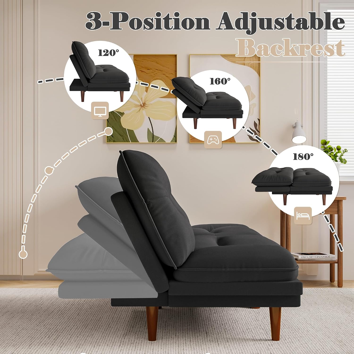 Homall Futon Sofa Bed, Modern Loveseat Futon Couch with Adjustable Backrest and Armrests, Sleeper Sofa Bed with Wood Frame for Living Room, Office, Apartment (Fabric, Black)