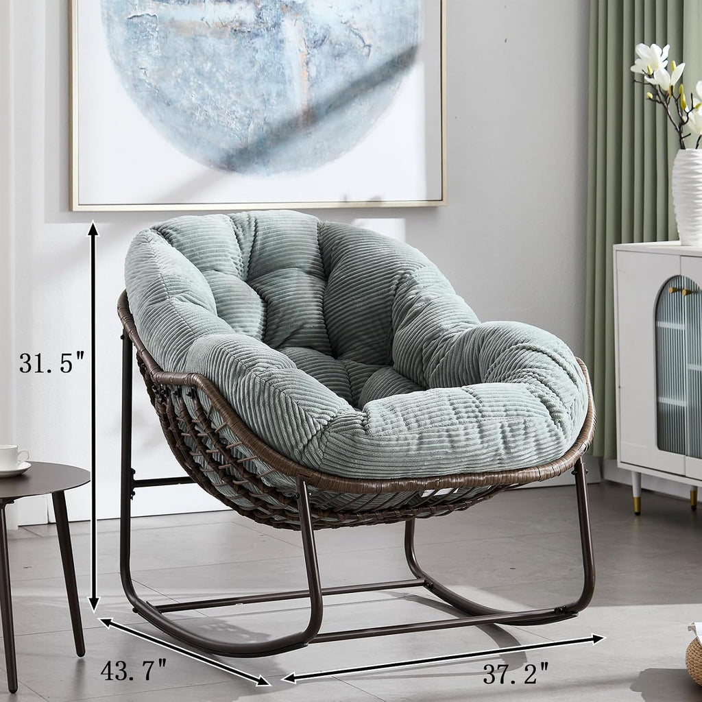 Papasan Rocking Chairs Outdoor Indoor, Oversized Rattan Rocker Patio Chair with Padded Cushion, Comfy Modern Indoor Egg Chair for Living Room, Bedroom, Porch, Garden, Balcony(Corduroy, Light Green)