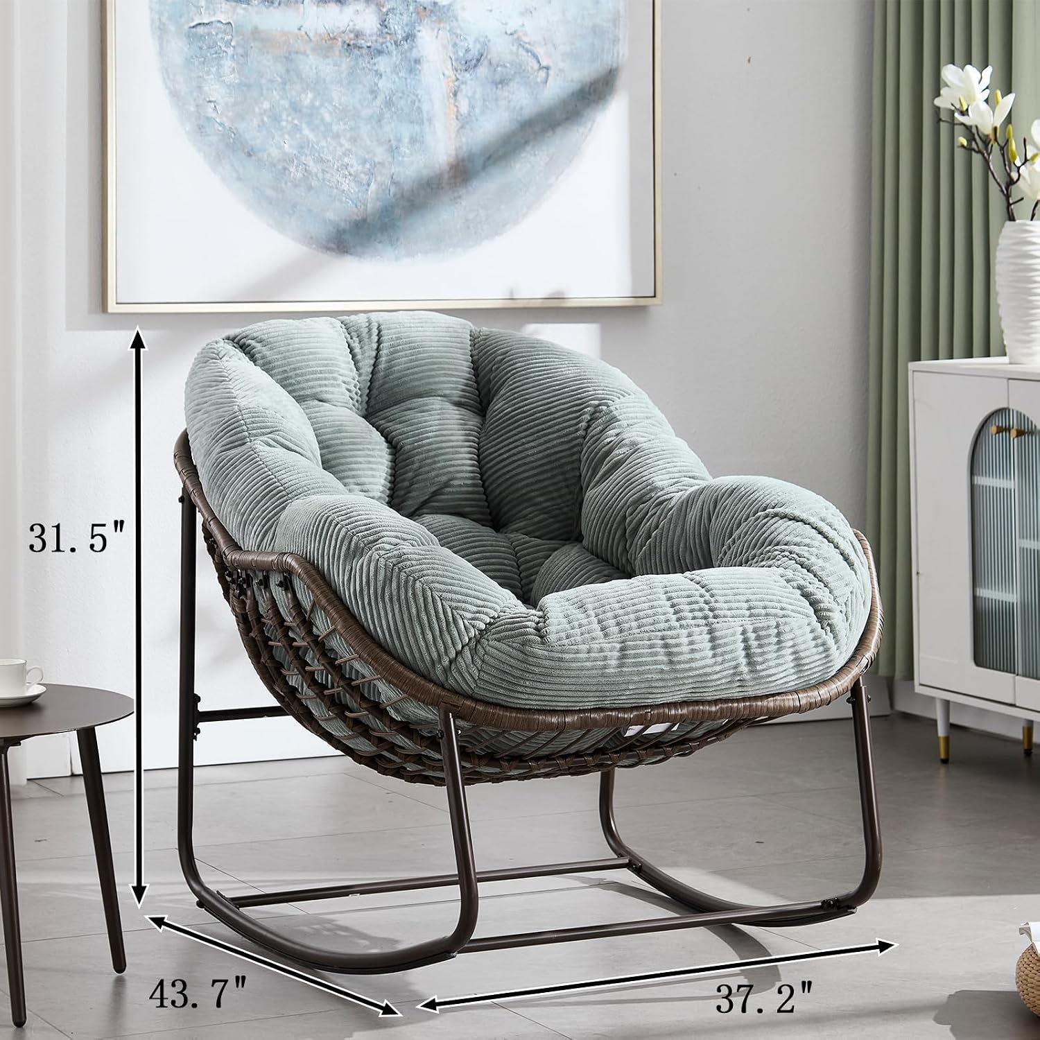 Papasan Rocking Chairs Outdoor Indoor, Oversized Rattan Rocker Patio Chair with Padded Cushion, Comfy Modern Indoor Egg Chair for Living Room, Bedroom, Porch, Garden, Balcony(Corduroy, Light Green)