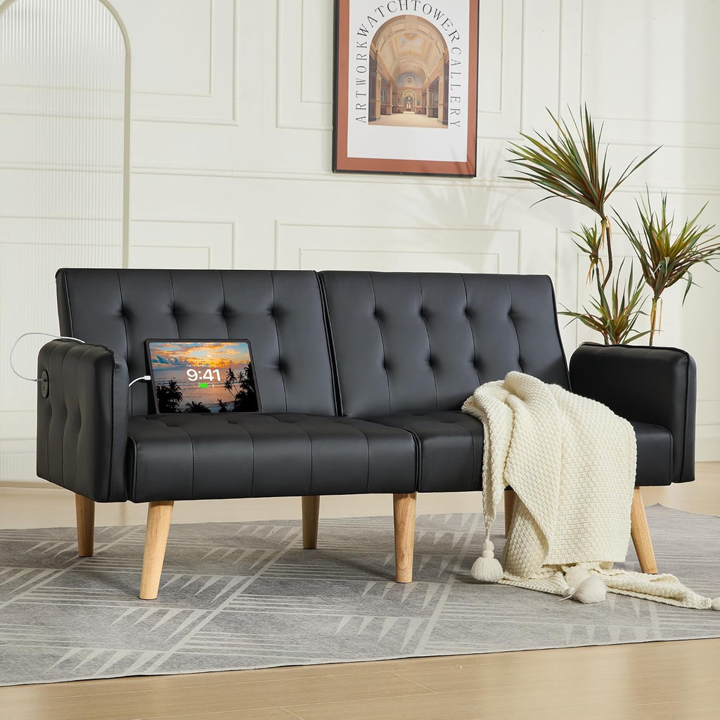 TYBOATLE Faux Leather Convertible 65'' Folding Futon Sofa Bed w/ 2 USB, Loveseat for Small Space, Apartment, Dorm, Living Room, Office, Black