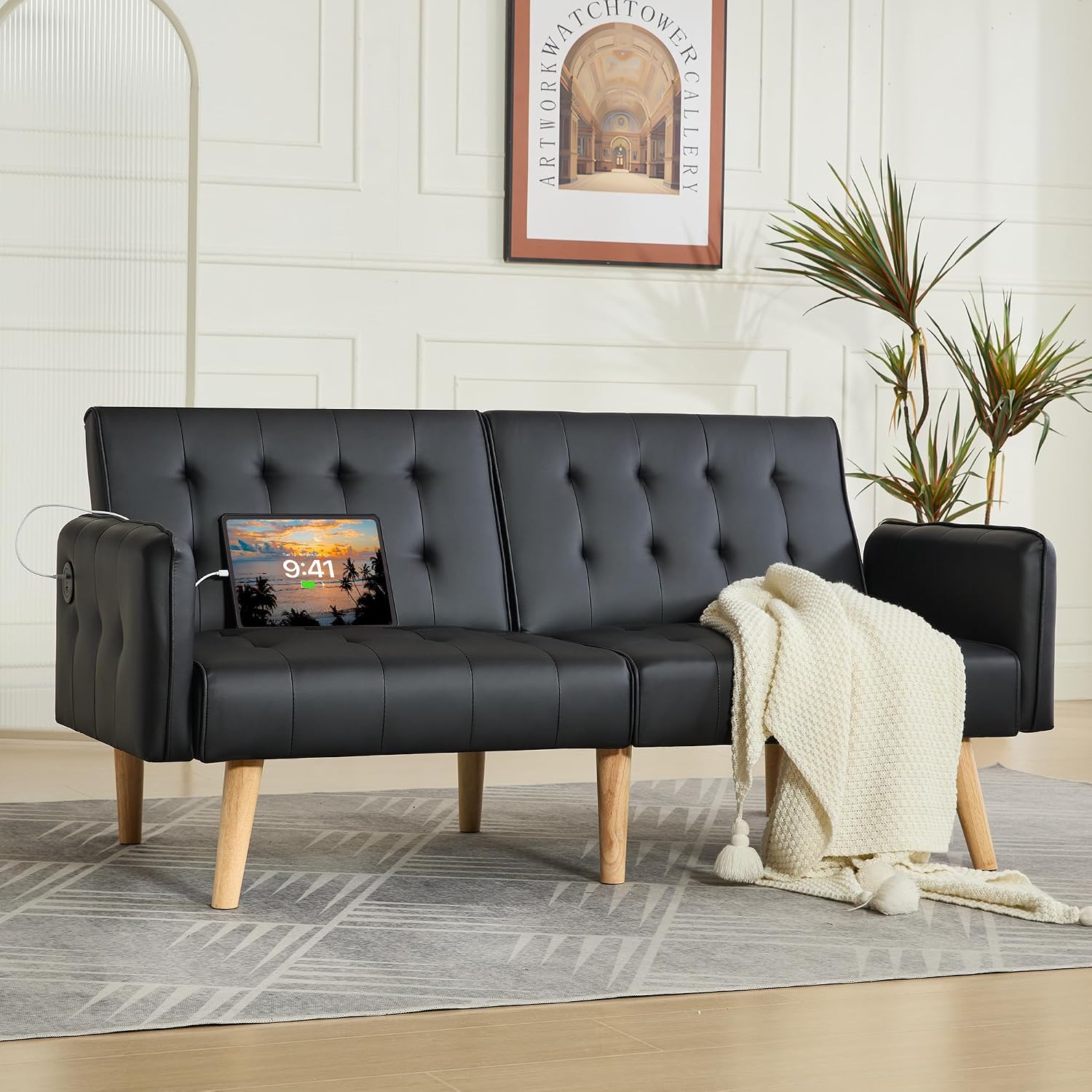 TYBOATLE Faux Leather Convertible 65'' Folding Futon Sofa Bed w/ 2 USB, Loveseat for Small Space, Apartment, Dorm, Living Room, Office, Black