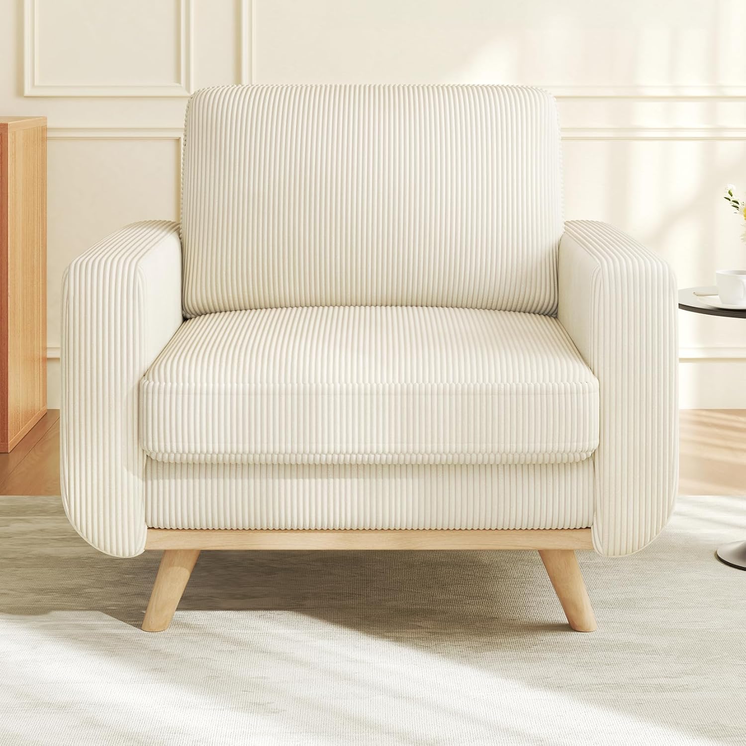 Vesgantti 38.5' Accent Chair Beige, Comfy Corduroy Single Sofa Seat with Spring Cushion, Upholstered Armchair with Deep Seat, Reading Chair for Adults, Modern Sofa for Living Room, Bedroom