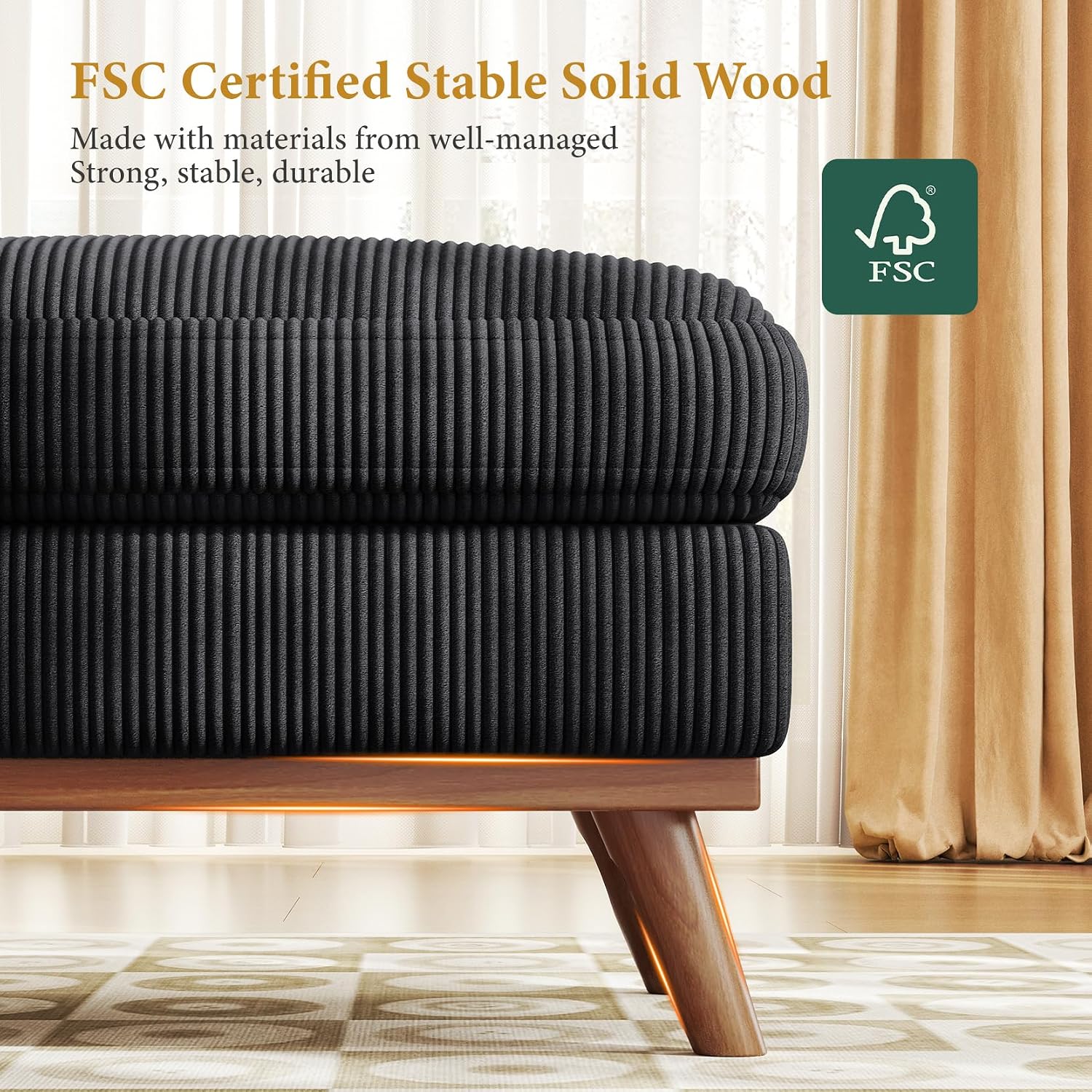 Vesgantti Large Ottoman for Modular Sofa, 29.5' Corduroy Ottoman with Spring Cushion, Rectangle Foot Rest for Couch, Entrance Footstool with Wood Legs, Footstool for Living Room, Bedroom, Black
