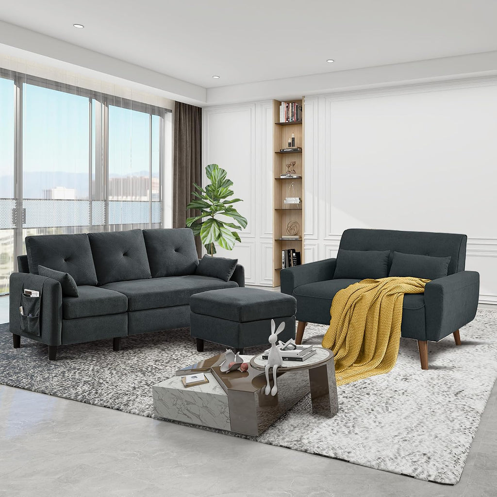 Convertible Sectional Couch Set, 77' L Shaped Sofa with Ottoman and 48' Loveseat, Modern Couches for Living Room, Apartment and Office, Dark Grey