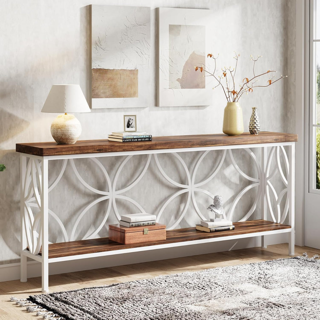 Tribesigns 70.9-Inch Narrow Sofa Table, Industrial Long Sofa Table Behind Couch, Entry Console Table with Storage for Entryway, Living Room, Foyer, Unique Design, Walnut/White