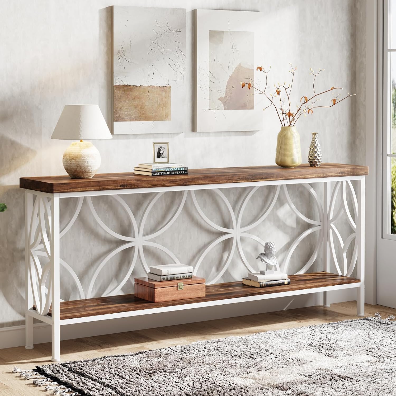Tribesigns 70.9-Inch Narrow Sofa Table, Industrial Long Sofa Table Behind Couch, Entry Console Table with Storage for Entryway, Living Room, Foyer, Unique Design, Walnut/White