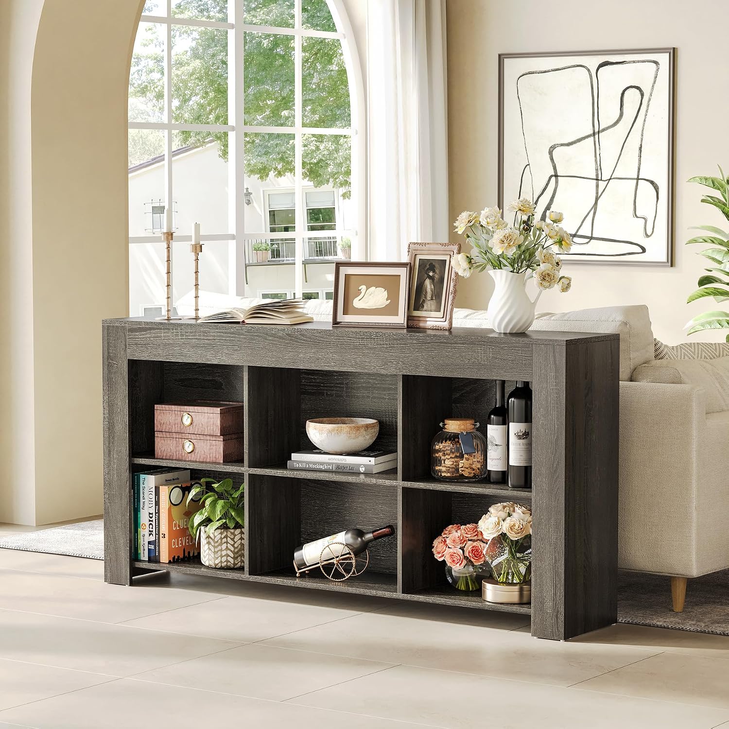 LITTLE TREE Console Table with Storage, 63-Inch Long Sofa Table, Entryway Table with Cubes, Farmhouse Storage Shelves for Entryway, Living Room, Grey + Black