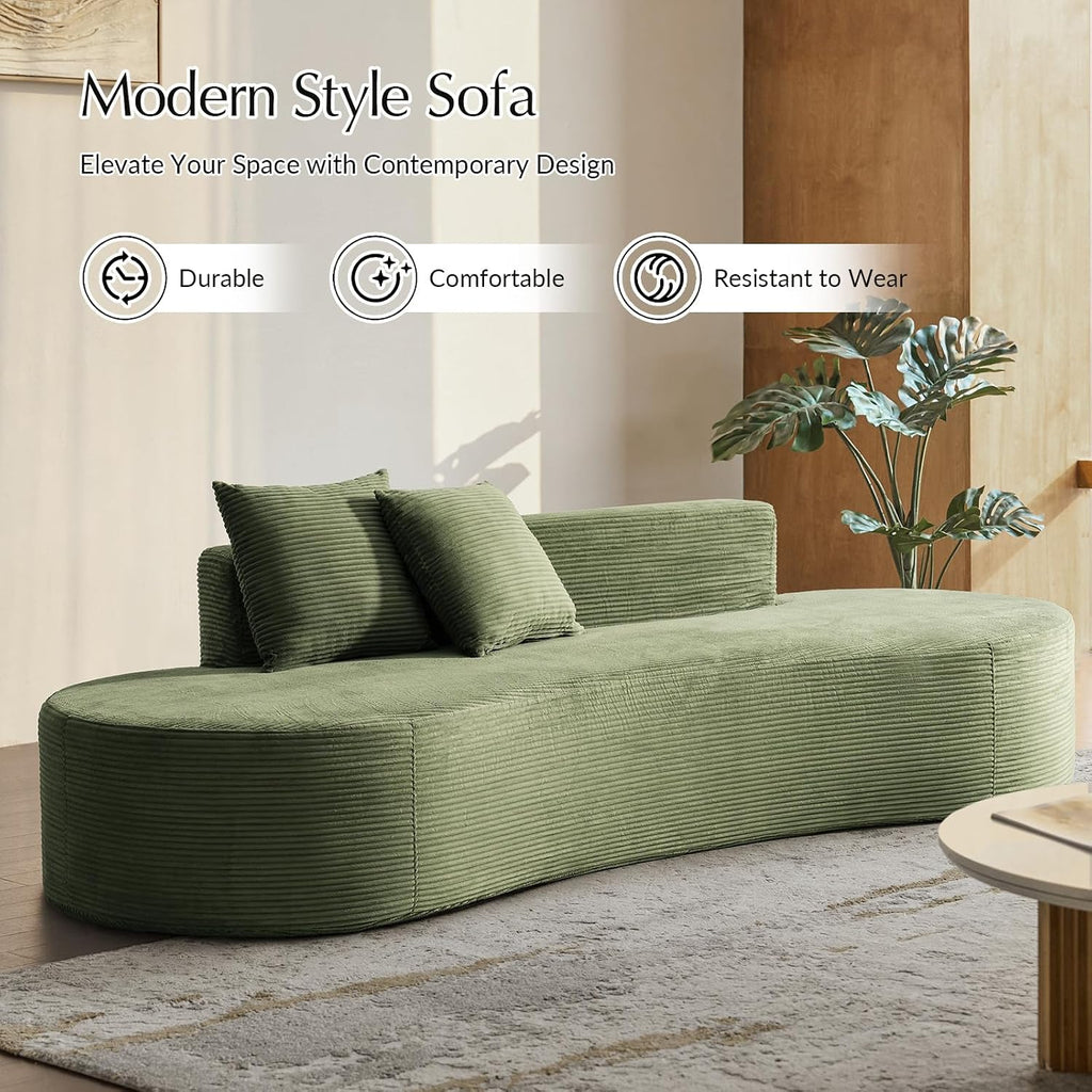 HULALA HOME 94.5' Curved Boneless Couch with Two Pillows, Oversized 3 Seater Compressed Foam Sofa with Deep Seat, Modern Cloud Couch for Living Room, No Assembly Required, Green
