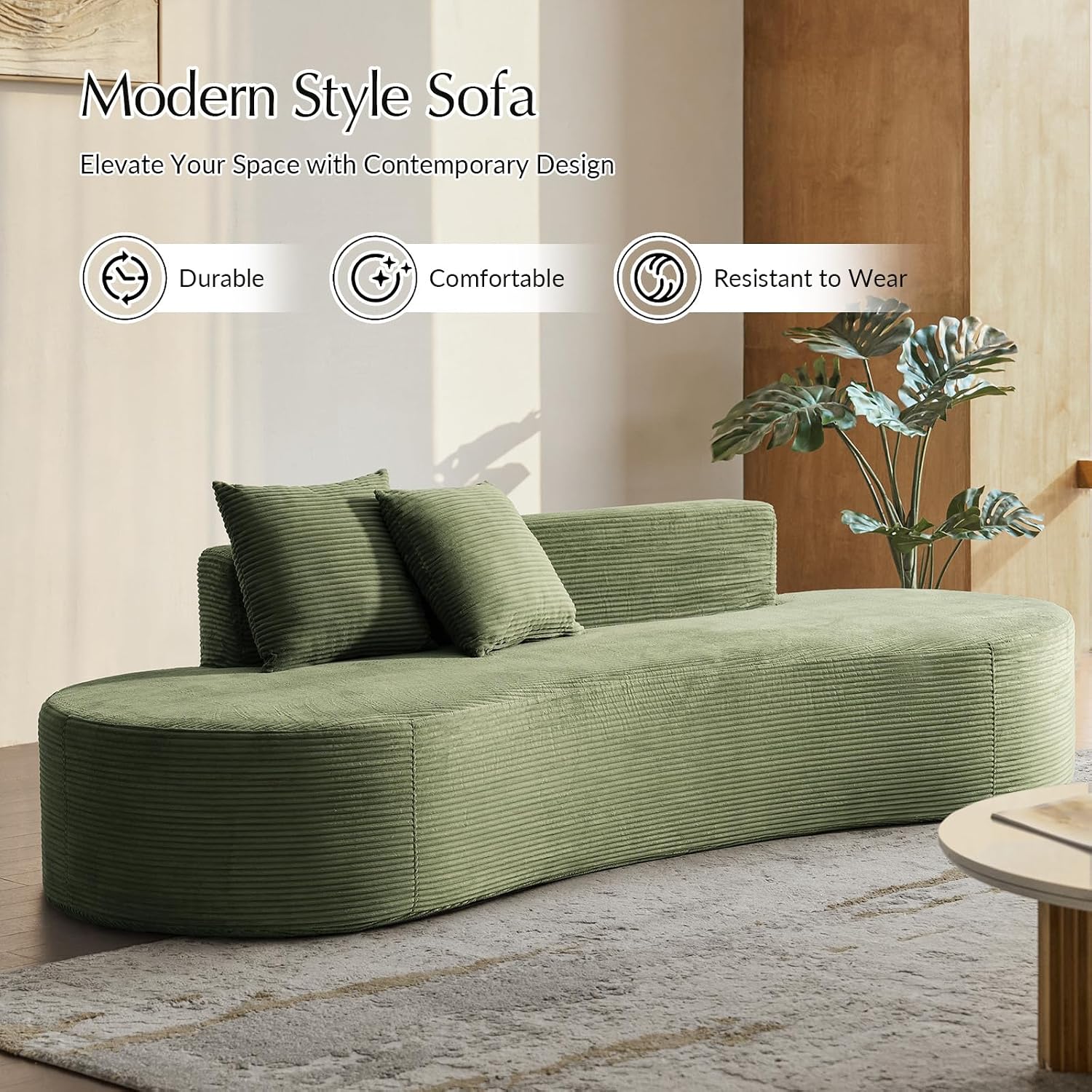 HULALA HOME 94.5' Curved Boneless Couch with Two Pillows, Oversized 3 Seater Compressed Foam Sofa with Deep Seat, Modern Cloud Couch for Living Room, No Assembly Required, Green