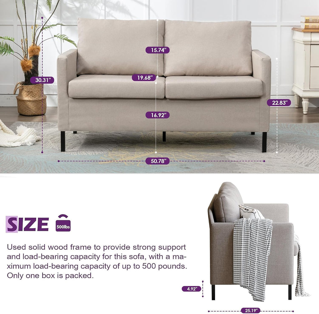 TYBOATLE Modern Small Loveseat Sofa Couch for Living Room, 51 Inch Upholstered 2-Seater Love Seats w/Iron Legs for Compact Small Space, Apartment, Bedroom, Dorm, Office (Beige)
