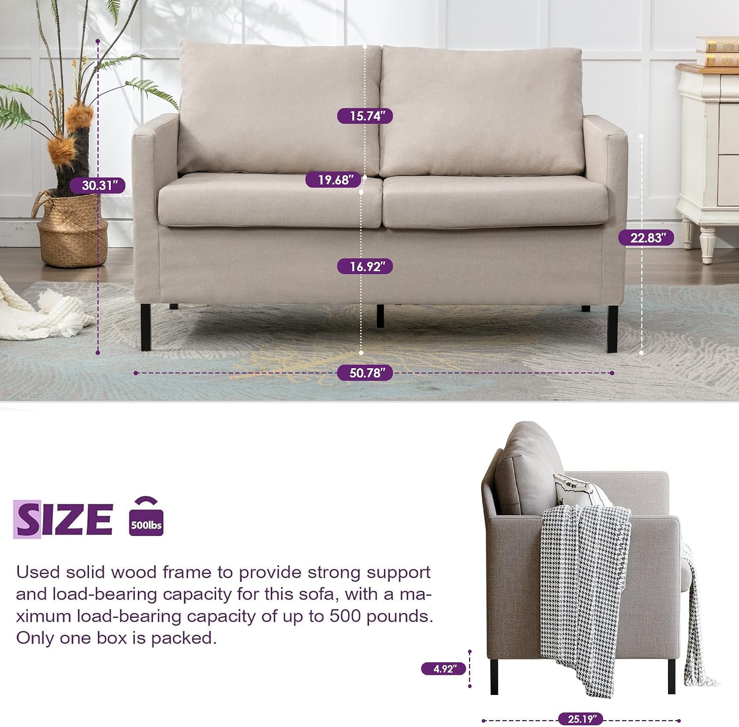 TYBOATLE Modern Small Loveseat Sofa Couch for Living Room, 51 Inch Upholstered 2-Seater Love Seats w/Iron Legs for Compact Small Space, Apartment, Bedroom, Dorm, Office (Beige)