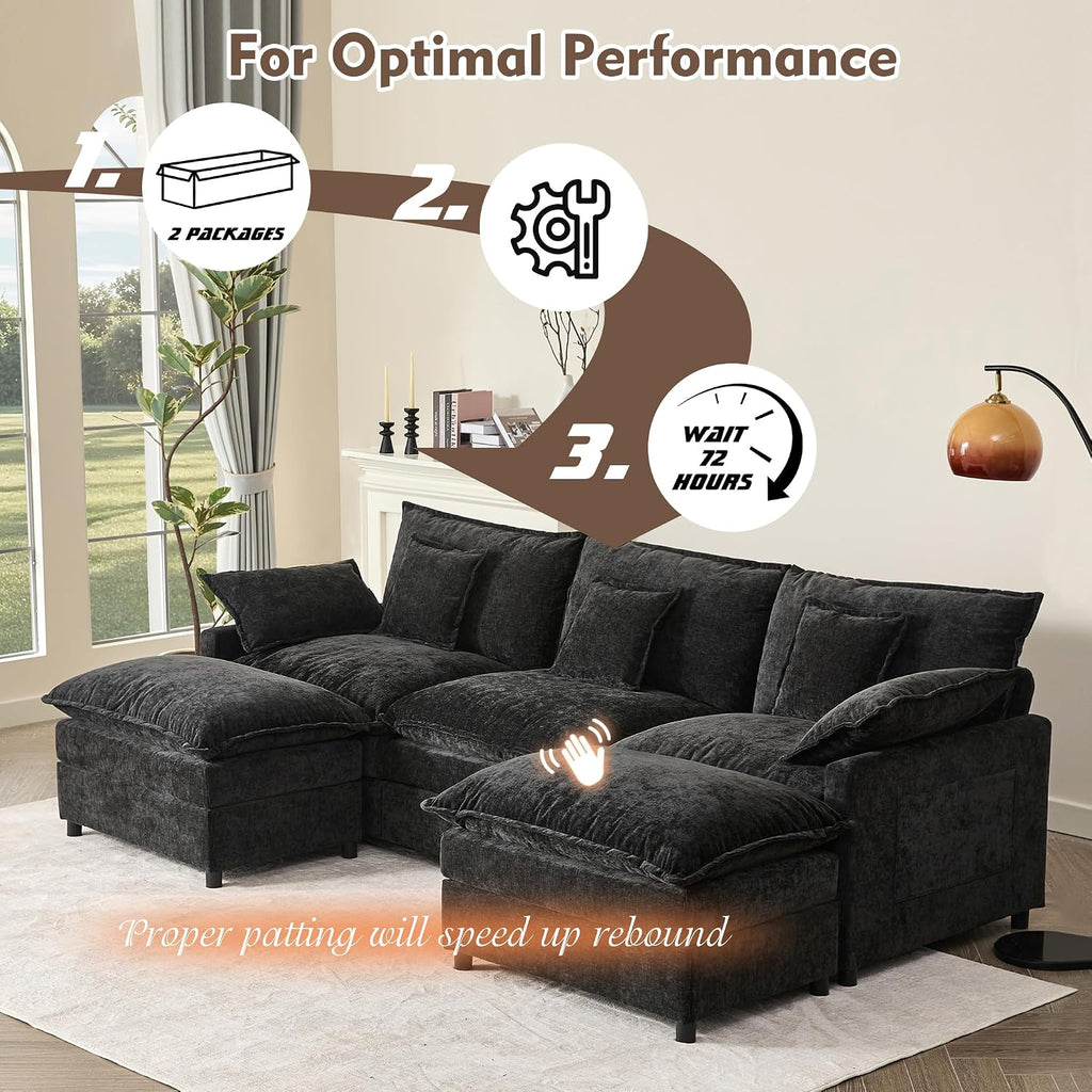 GOSUHI 108' U Shaped Couch, Modular Sectional Sofa, 3-Seater Comfy Cloud Couch, Set of Modular Pieces with Movable Ottoman, Deep Seat Couches for Living Room, Chenille, Black