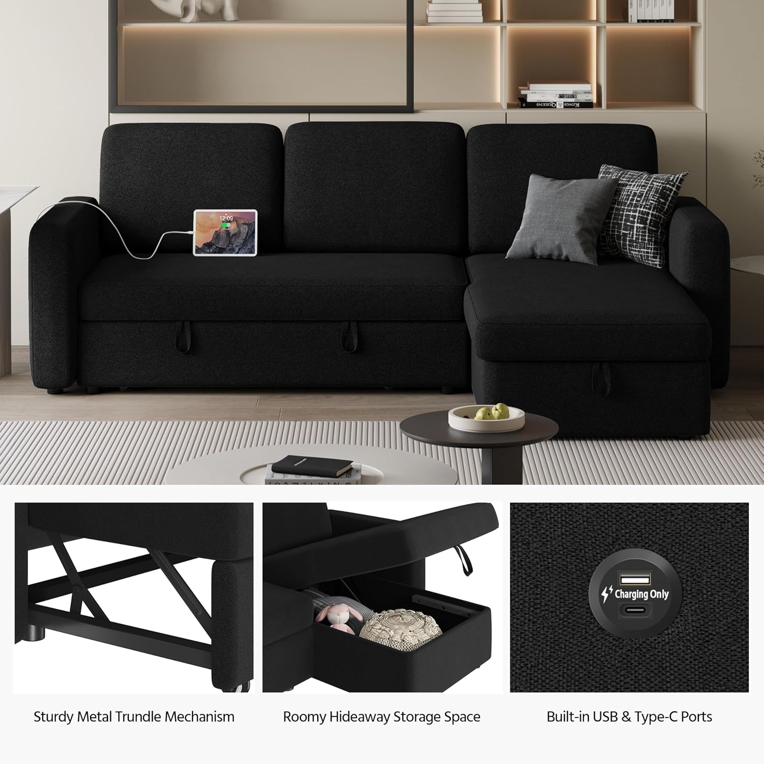 Yaheetech Sectional Sofa L-Shaped Sofa Couch Bed w/Chaise & USB, Reversible Couch Sleeper w/Pull Out Bed & Storage Space Living Room Black