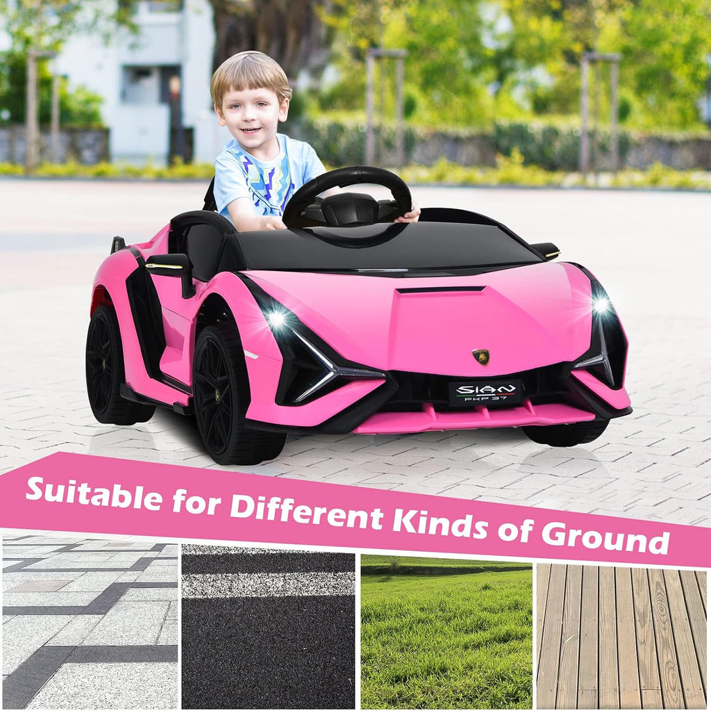 INFANS 12V Licensed Lamborghini Sian Kids Ride On Car with Parent Remote Control, Spring Suspension, MP3 Player, Electric Toy Roadster Carbon Fiber Textured for Toddler (Pink Black)