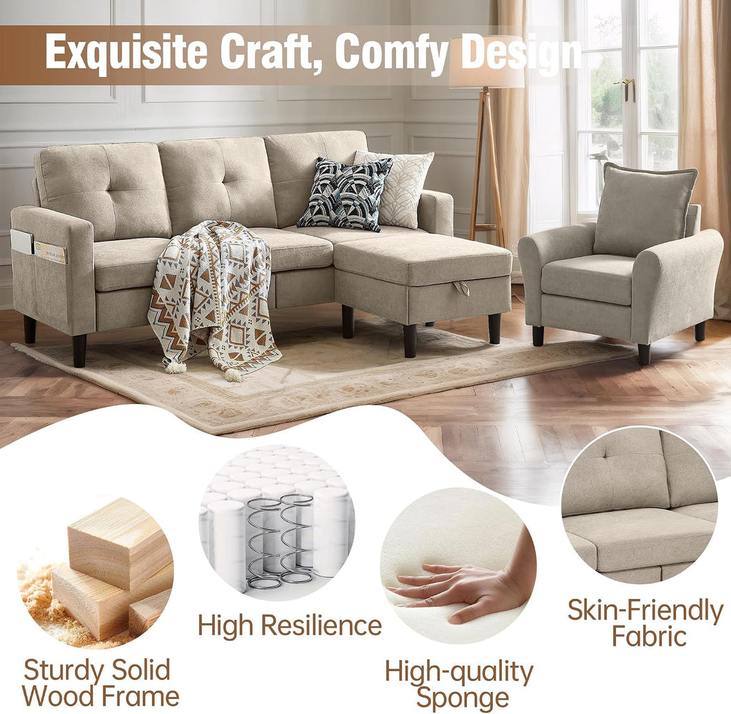 3 Piece Living Room Sofa Sets, Modern 3 Seater Sofa with Storage Ottoman and 2 PSC Armchair Couch Sets, Easy Assembly, Modern 5 Seat Sectional Couches for Living Room, Office,Beige