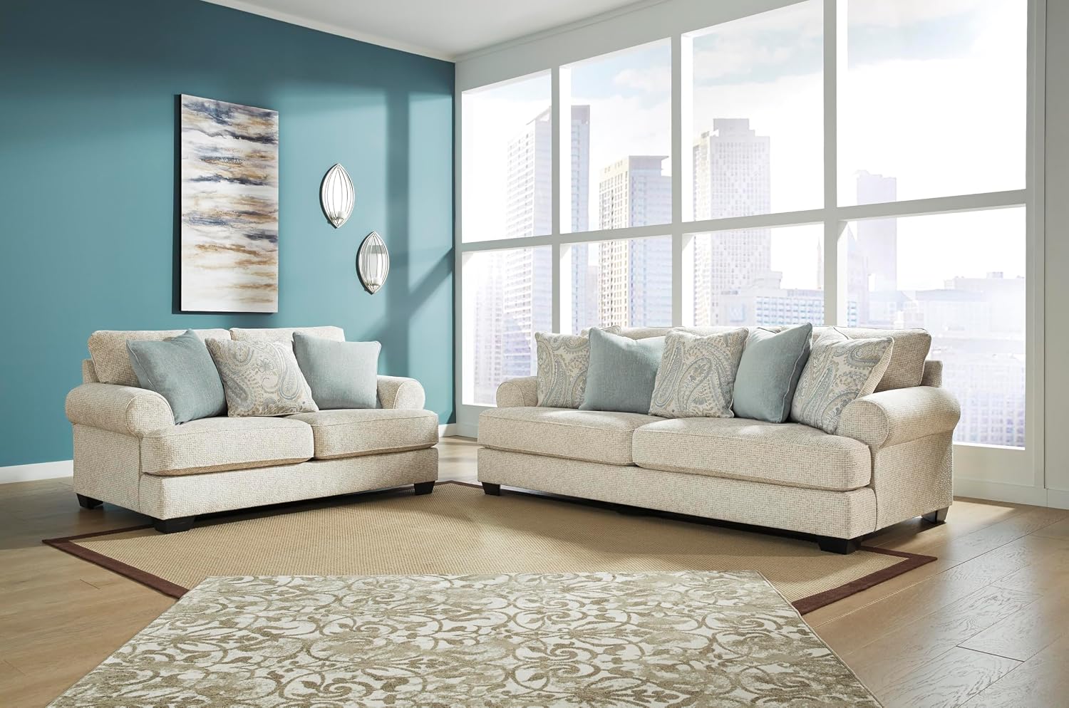 Signature Design by Ashley Monaghan Vintage Loveseat with Accent Pillows, Reversible Cushions and Rolled Arms, Beige