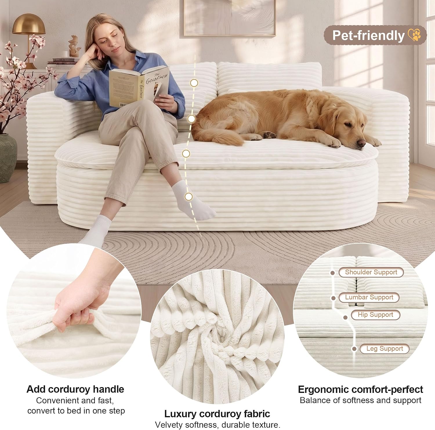 75'' Folding Sleeper Sofa Bed, Convertible Memory Foam Boneless Couch, Foldable Full Size Guest Bed, Modern 2-in-1 Futon Floor Sleeper Sofa with 4 Pillows and Blanket (Corduroy, Beige)