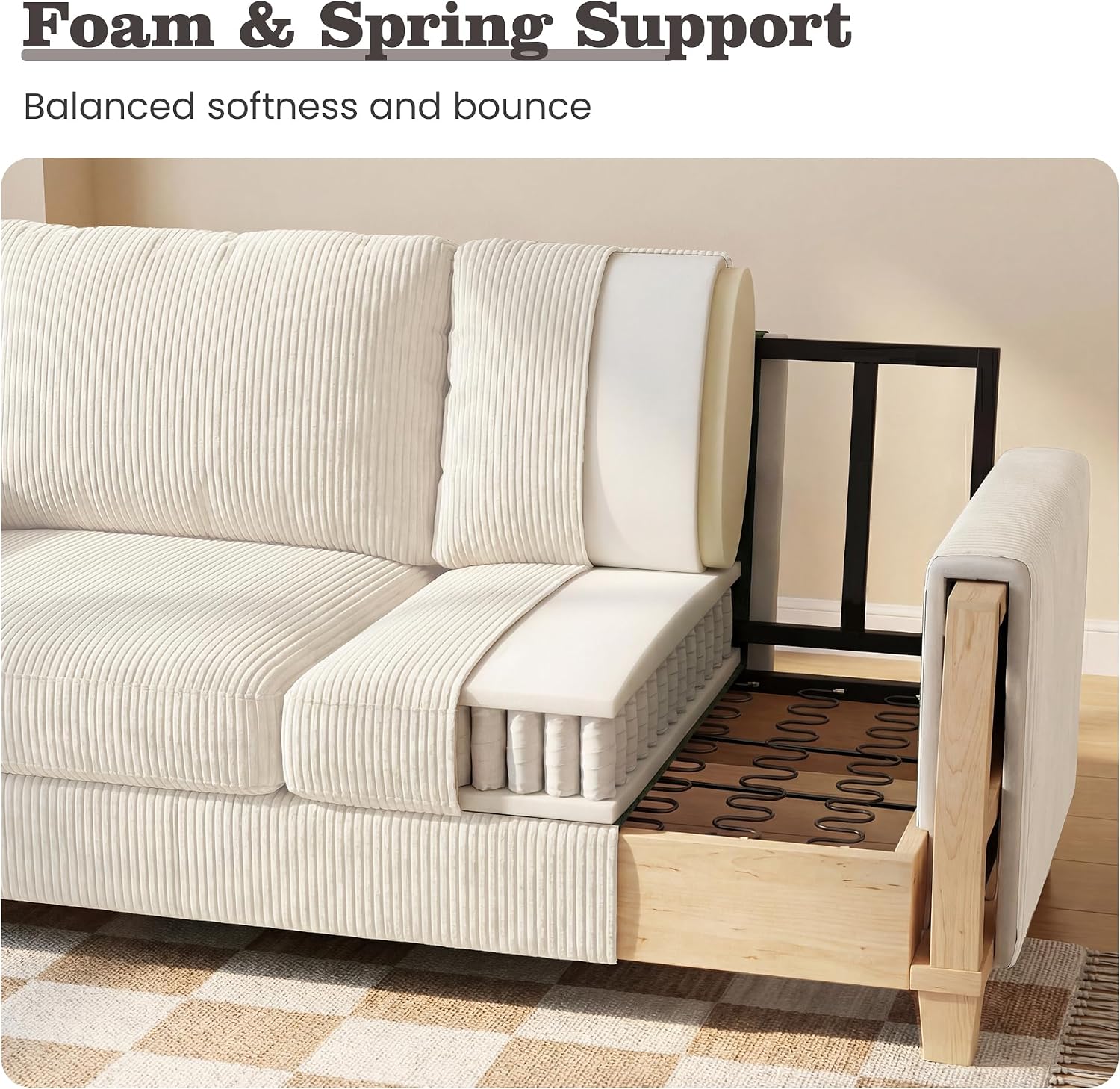 Apicizon Loveseat & 3 Seater Sofa Sets, 89' Couch Sofa Set for Living Room Furniture Sets, 2 Piece Deep Seat Sleeper Sofa, Couch and Loveseat Sets for Apartment, White Corduroy