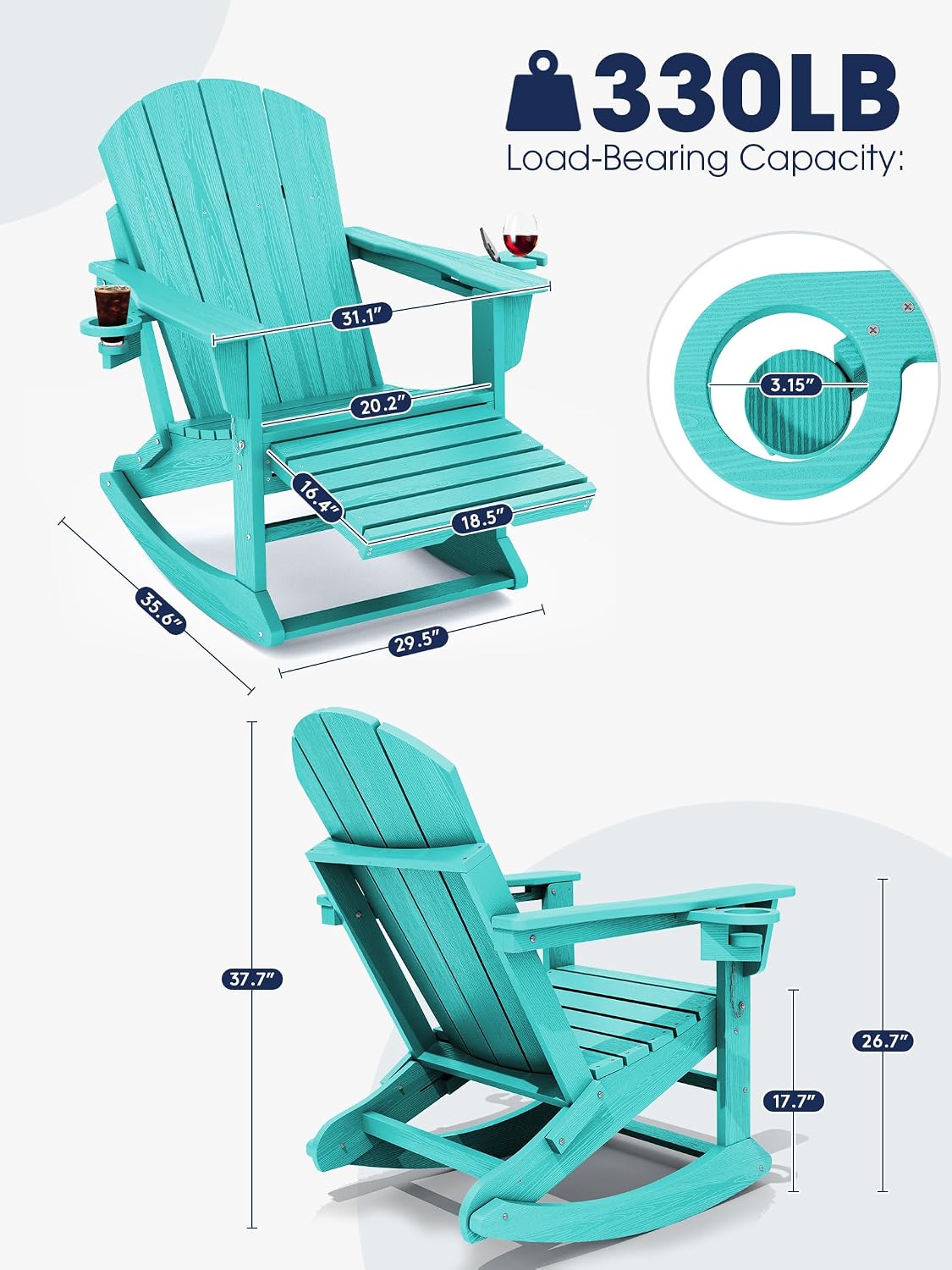 KINGYES Adirondack Rocking Chair with Retractable Ottoman and Cup Holders, HDPE Adirondack Rocker Patio Rocking Chair for Porch, Patio, Balcony, Aqua Blue