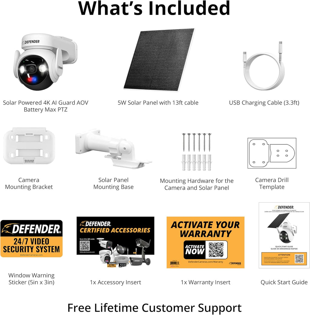 Defender Solar 4K Security Cameras Wireless Outdoor, 360° PTZ, AI Human Detection, Color Night Vision, Battery Max with 5W Solar Panel, Weatherproof Home Surveillance - AOV AI Guard Ultra-Charge