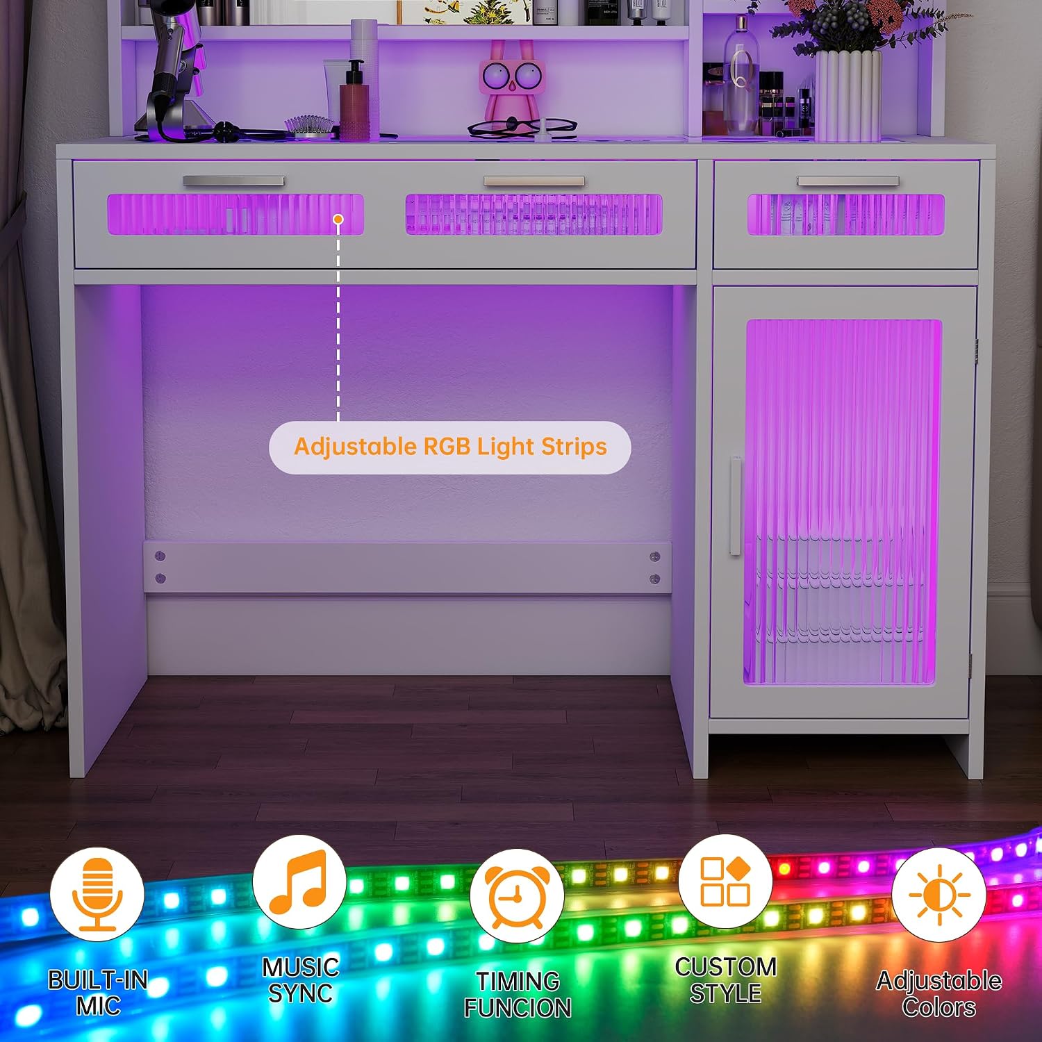 Hadulcet White Vanity Desk with Mirror and Lights, 43' Makeup Vanity Desk with Glass Top, Power Outlets, 2 Drawers, 10 Shelves & Acrylic Cabinet, LED Vanity Table for Girls Women Gift