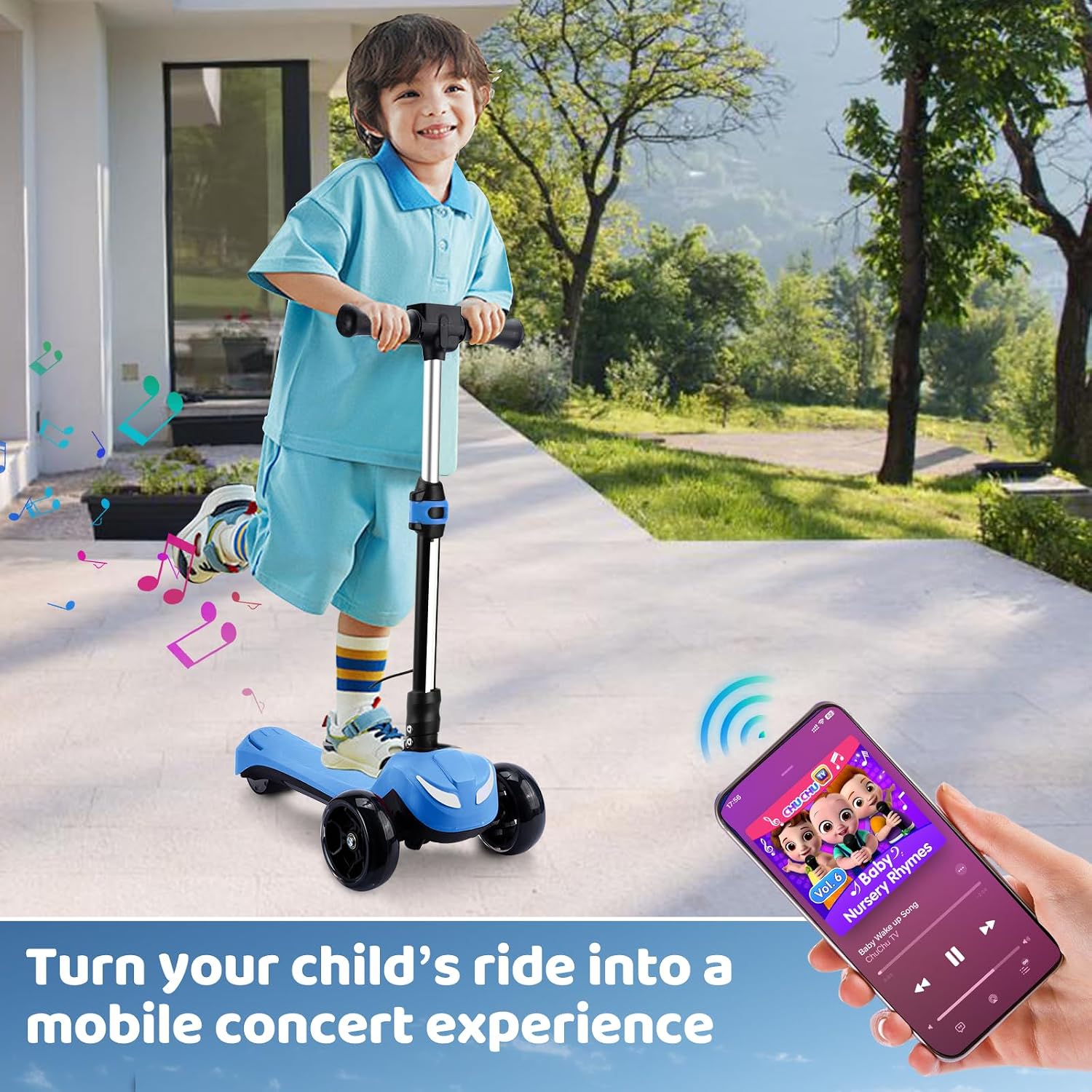 24V Electric Scooter for Kids w/150W Powerful Motor, Thumb Throttle, LCD Screen, Bluetooth, Light-Up Stem Deck & Wheels, 3 Adjustable Heights, 5MPH Safe Speed, 3 Wheel Electric Scooter for Kids