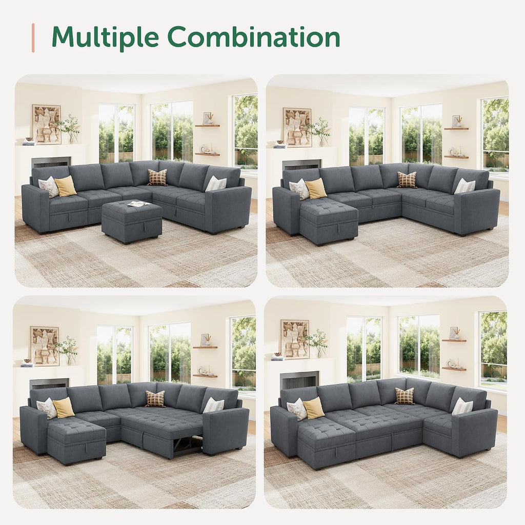 HONBAY Modular Sectional Couch with Pull Out Bed,Moduar Sleeper Sofa with Storage,U Shaped Sectional Couches for Living Room,Bluish Grey