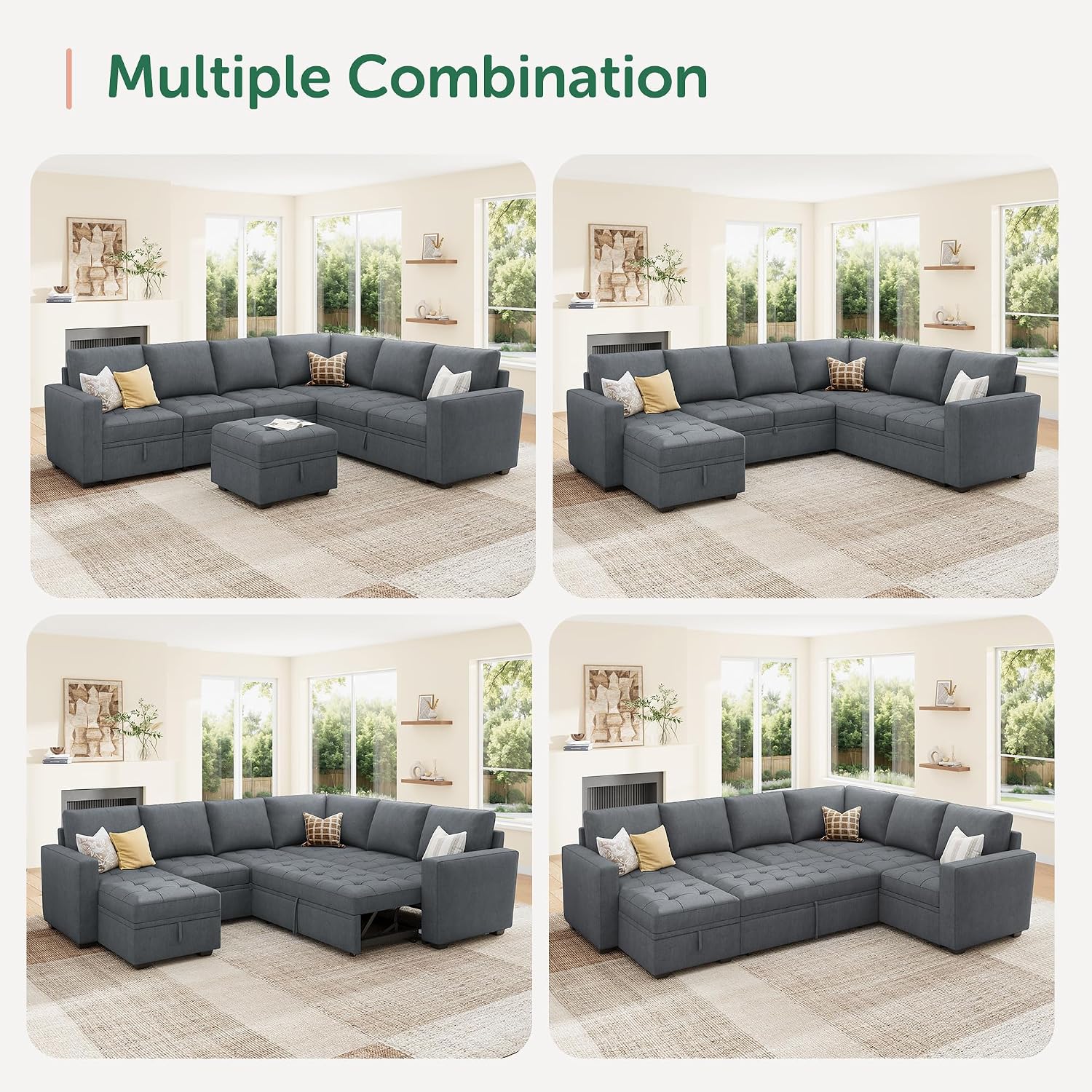 HONBAY Modular Sectional Couch with Pull Out Bed,Moduar Sleeper Sofa with Storage,U Shaped Sectional Couches for Living Room,Bluish Grey