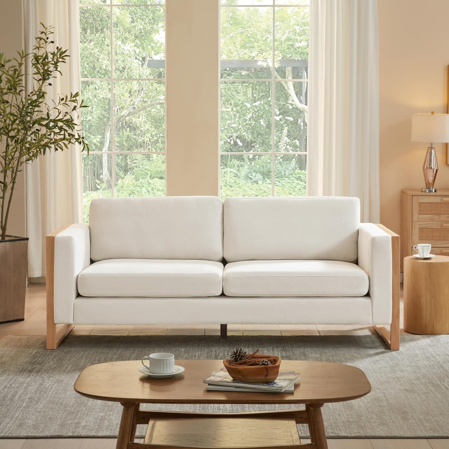 Christopher Knight Home Bricez 79' Sofa Couch, Cozy Upholstered 3-Seater Sofa, Oversized Loveseat, Comfy Fabric Couches for Living Room and Office, Modern Couch and Sofa, Wooden Frame, White